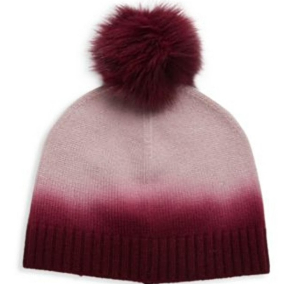Sofia cashmere and fox fur pom-pom beanie in burgundy and winter white